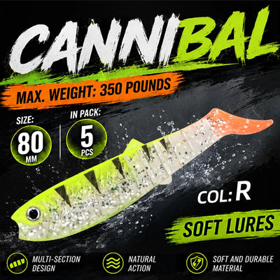 Meredith paddle tail swimbait set, 5-pack, 80mm: chartreuse-green body with orange head and tail.