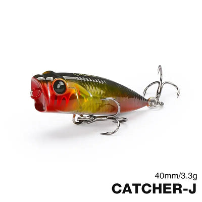 Micro topwater popper lure, red head, gold-green body, black back, treble hooks