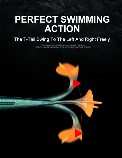 Soft bait paddle tail lure showing left-right swimming action, orange tail