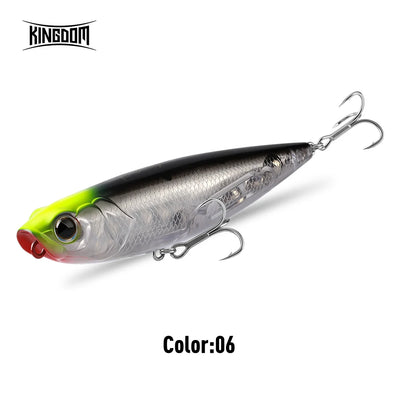 Floating topwater fishing lure, silver body with black back and green tail, 2 treble hooks
