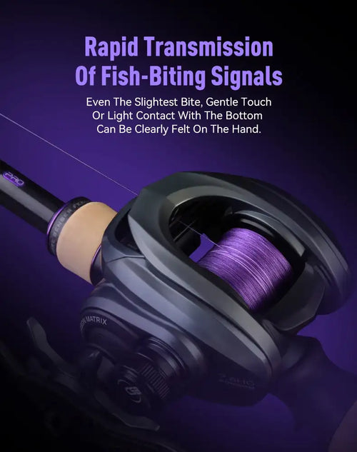Purple fishing line spool with line pulled through a reel during use