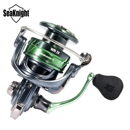 SeaKnight WR4 Windrunner IV spinning reel with metallic green and gray carbon fiber body and ergonomic black handle grip