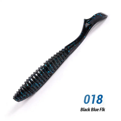 Black and blue glitter soft silicone swimbait lure with ribbed body and fork tail.