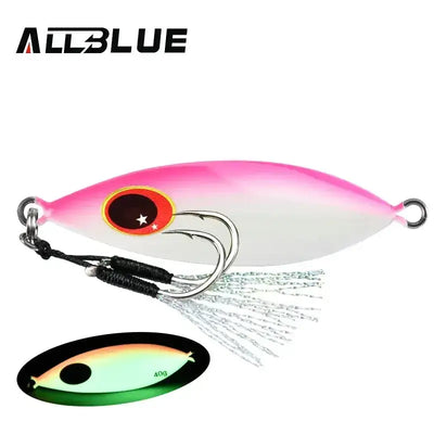 White and pink metal slow jig with oval red eye, split rings, feathered treble hook