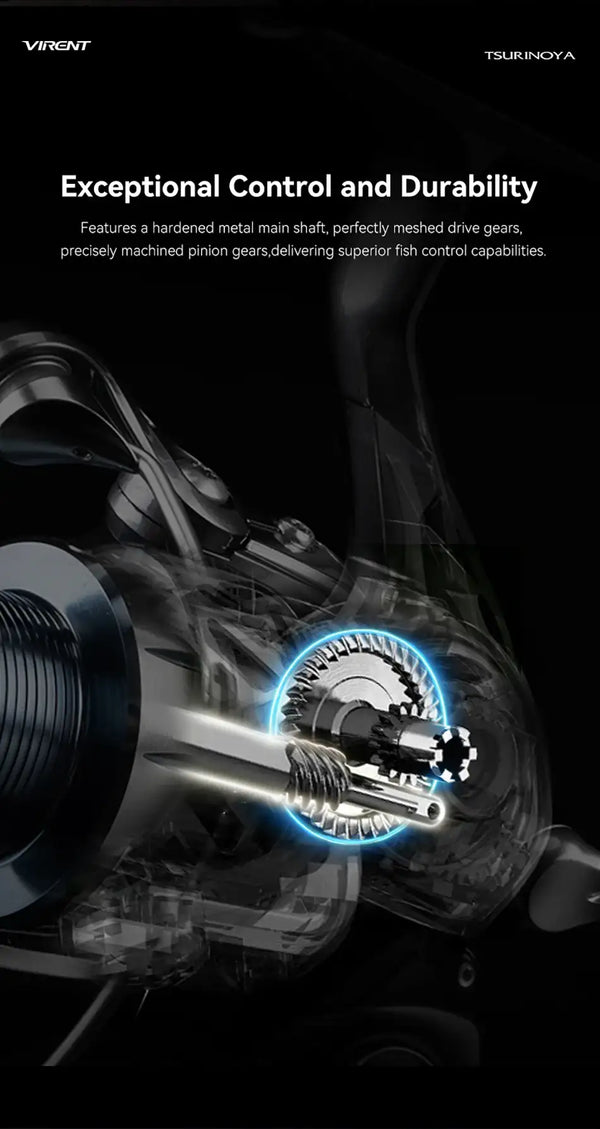 Spinning reel gear area close-up with glowing blue detail