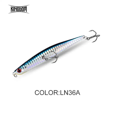 Floating pencil jerkbait fishing lure, blue-silver holographic, 2 treble hooks