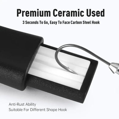 Telescopic hook grinder tip with ceramic sharpening grooves and hook guide slot detail