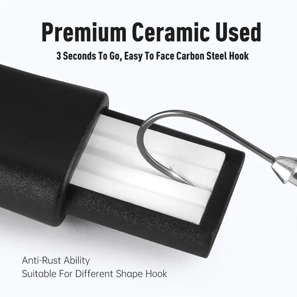 Telescopic hook grinder tip with ceramic sharpening grooves and hook guide slot detail