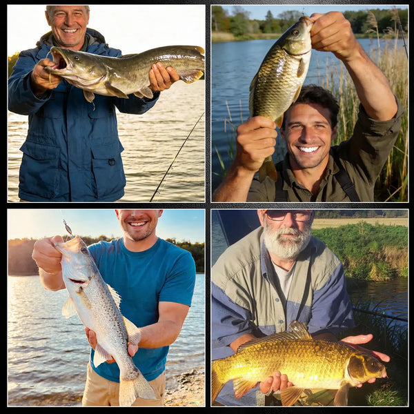 Fishing hook set used while catching fish, with anglers holding their catch