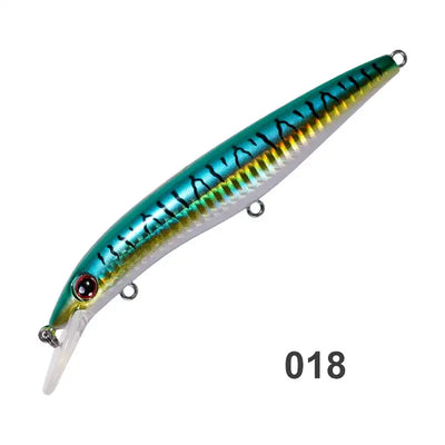 Teal and gold floating minnow hard fishing lure with black back, treble hooks