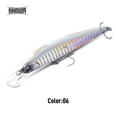 Sinking minnow diving lure with white body, pink-blue stripe pattern, and silver treble hooks