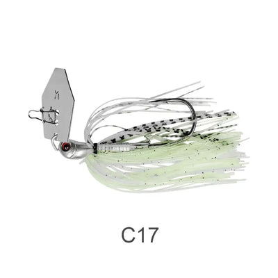Bladed chatterbait jig with white skirt, light green accents, silver metal blade