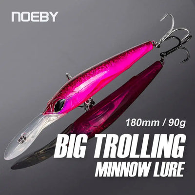 Pink and dark purple trolling minnow lure with treble hooks, 180mm 90g