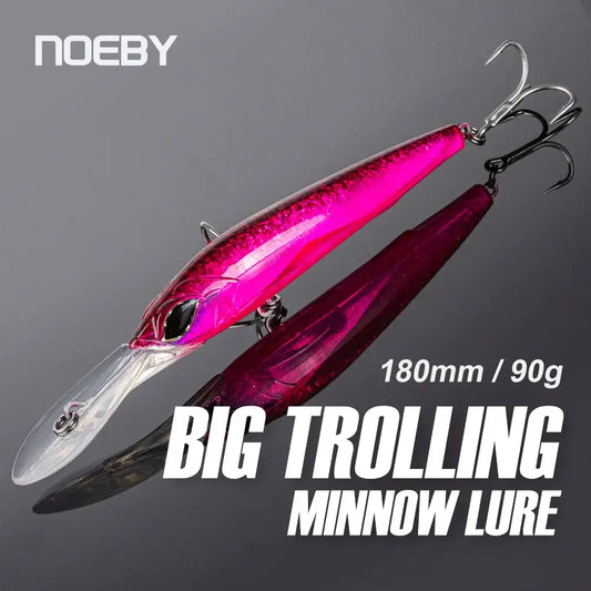 Pink and dark purple trolling minnow lure with treble hooks, 180mm 90g