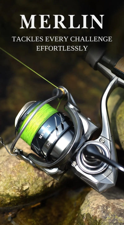 MERLIN ultralight spinning reel with green line on metal spool and silver handle