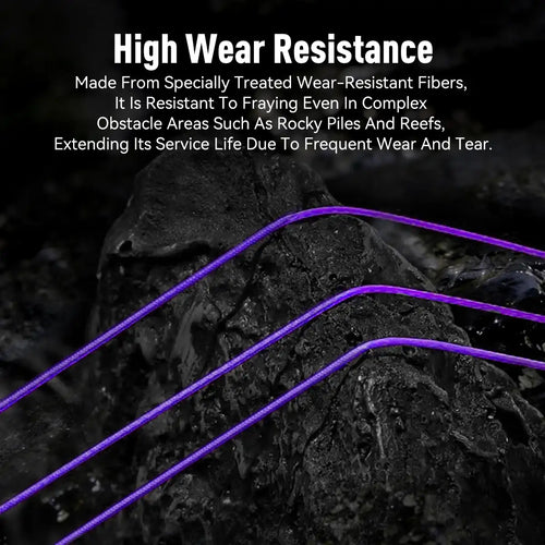 Purple braided fishing line strands running over dark textured surface