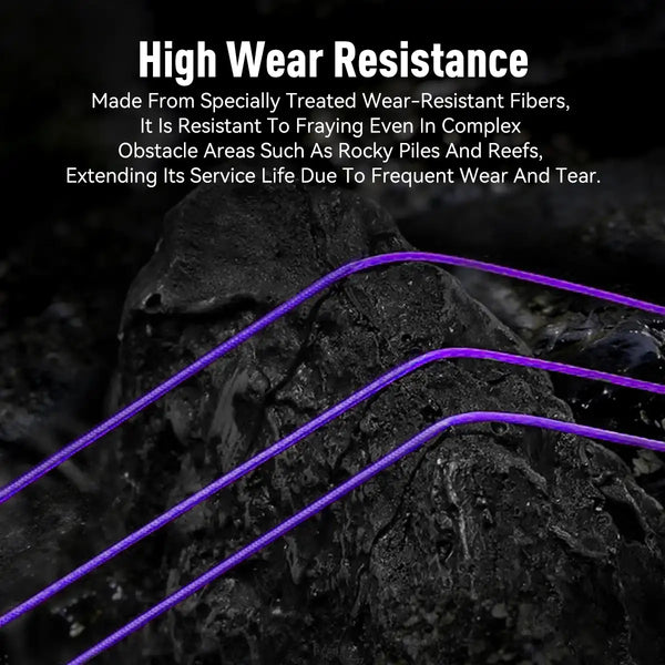 Purple braided fishing line strands running over dark textured surface