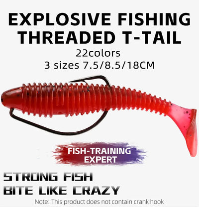 Red threaded T-tail soft fishing lure with single treble hook and curved body.