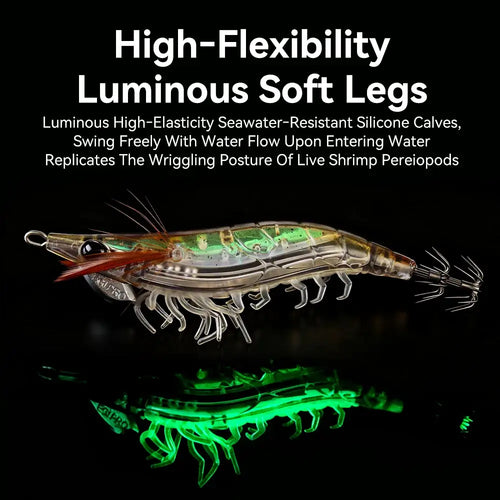 Luminous squid jig with translucent shell, green glow soft legs, and treble hooks