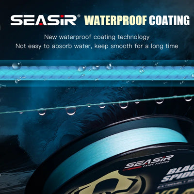 Braided PE fishing line with waterproof coating graphic and teal spool