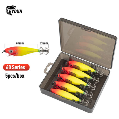 LEYDUN Luminous Squid Jig Set – Horizontal Wood Shrimp | BKK Hooks | ABS Body | 60 & 70 Series | 5-Pack & 14-Pack