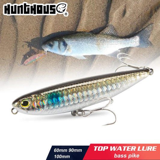 Iridescent blue-silver topwater pencil lure with metal lip and two treble hooks