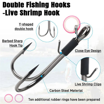 Double fishing hook with live shrimp clips, carbon steel shank, and rubber rings