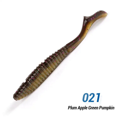 Dark plum soft silicone swimbait lure with multicolor glitter, ribbed body and split tail.