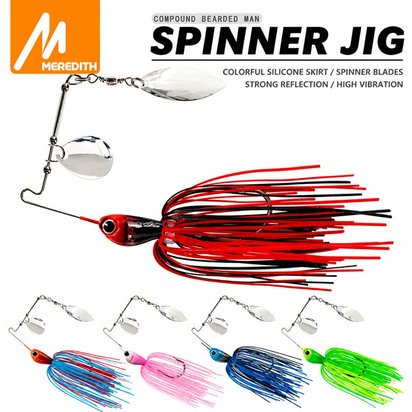 Spinner swim jig with red/black weedless skirt and silver spinner blades
