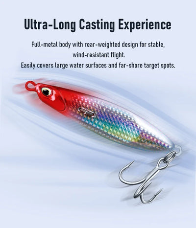 Red metallic long casting jigging lure with iridescent belly and treble hook