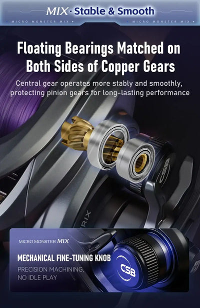 Baitcasting reel close-up showing copper gears, balanced bearings, and precision knob
