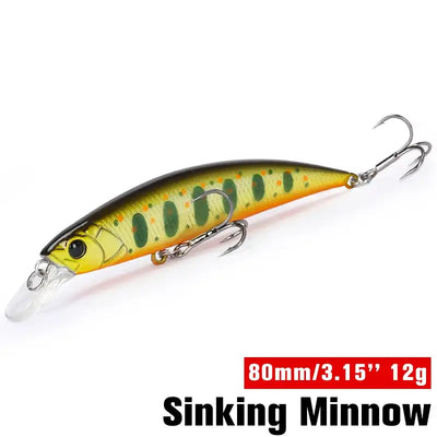 Gold-brown sinking minnow lure with treble hooks, 80mm/12g