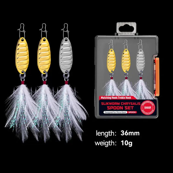 10g fishing spoon lure set: gold and silver sequin spoons with feather treble hooks (3 pcs)