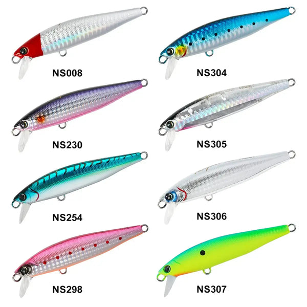 Sinking minnow lure color options, eight finishes shown with molded treble hooks