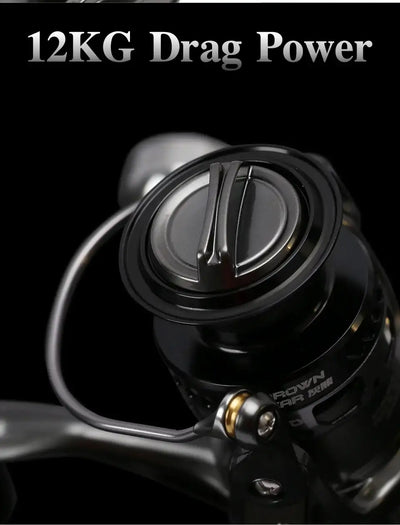 Black spinning reel with round drag knob and smooth line roller area