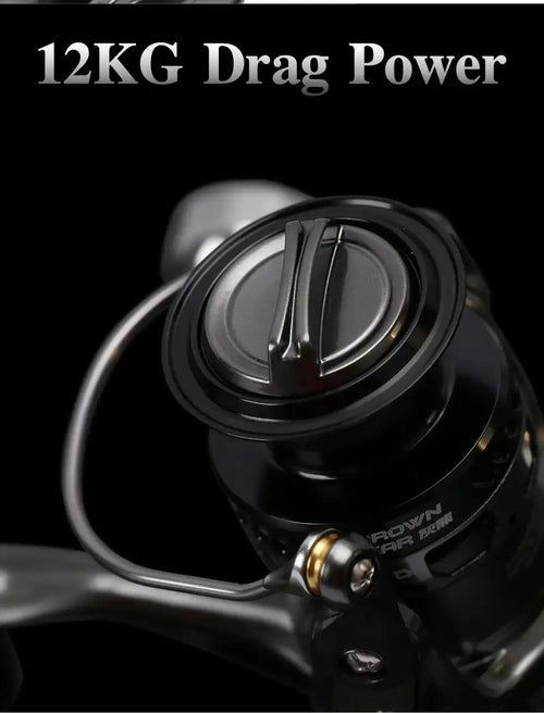 Black spinning reel with round drag knob and smooth line roller area