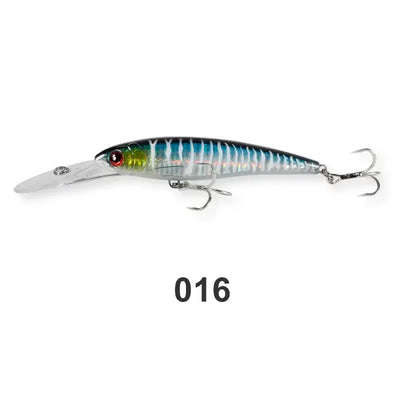 Saltwater minnow trolling wobbler lure, blue body with yellow belly and treble hooks