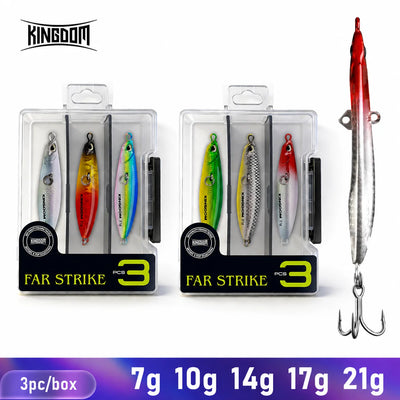 3-pack long casting jigging lures in retail blister with treble hooks, multicolor set