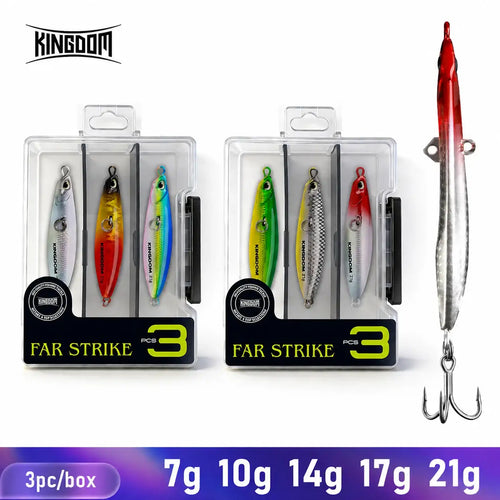 3-pack long casting jigging lures in retail blister with treble hooks, multicolor set