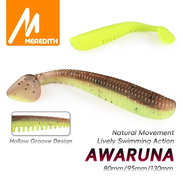 Soft fishing shad lure, lime green and brown body with paddle tail