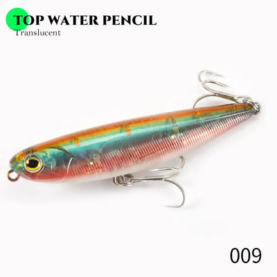 Floating pencil lure, orange-green translucent body with gold eye; treble hooks