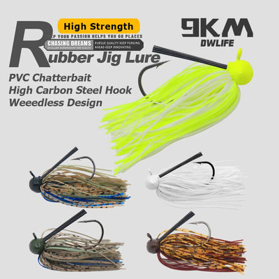 Fishing jig lure with neon yellow PVC skirt and weedless hook, football head.