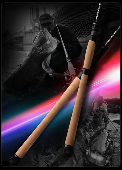 Fishing rod with cork handle and black guides in an action scene