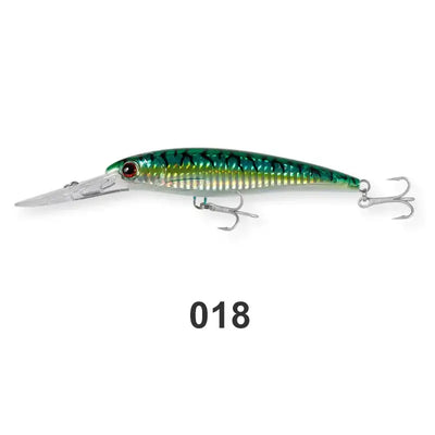 Saltwater minnow trolling wobbler lure, green body with yellow stripe and treble hooks