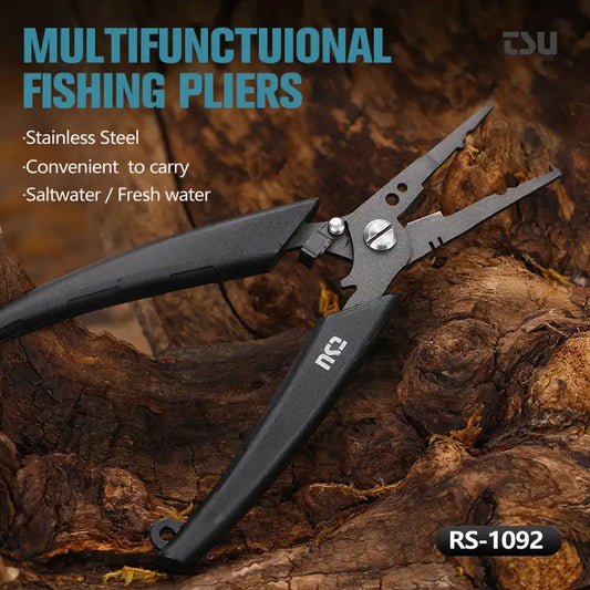 Multifunction fishing pliers with black ABS handle and stainless steel jaws, line cutter