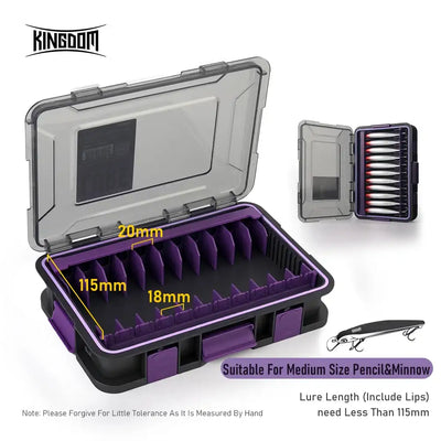 Lure storage box with purple compartment grid and transparent lid, for medium lures