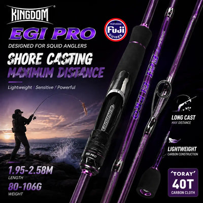 Purple shore-casting squid fishing rod with black reel seat and line guides