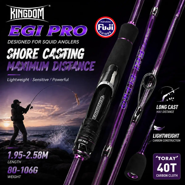 Purple shore-casting squid fishing rod with black reel seat and line guides