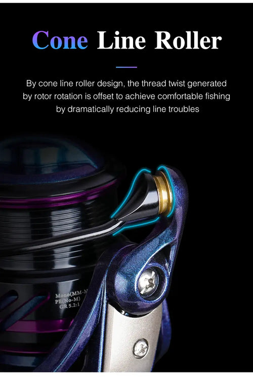 Shallow-spool spinning reel with cone line roller detail in blue-purple finish