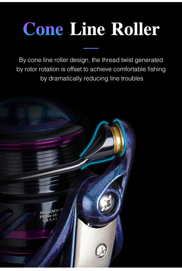 Shallow-spool spinning reel with cone line roller detail in blue-purple finish